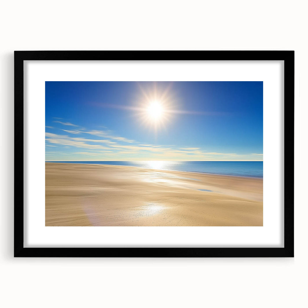 Black-framed landscape artwork showcasing a serene beach scene, featuring gentle waves and a clear sky, perfect for coastal decor and home aesthetics.