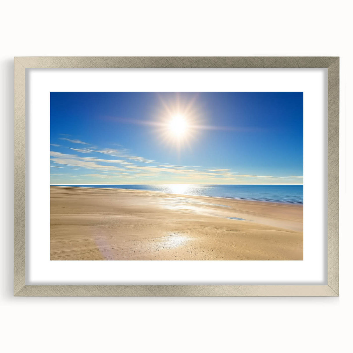 Framed landscape artwork depicting serene beaches with gentle waves and a soft silver mat, perfect for enhancing coastal-themed decor.