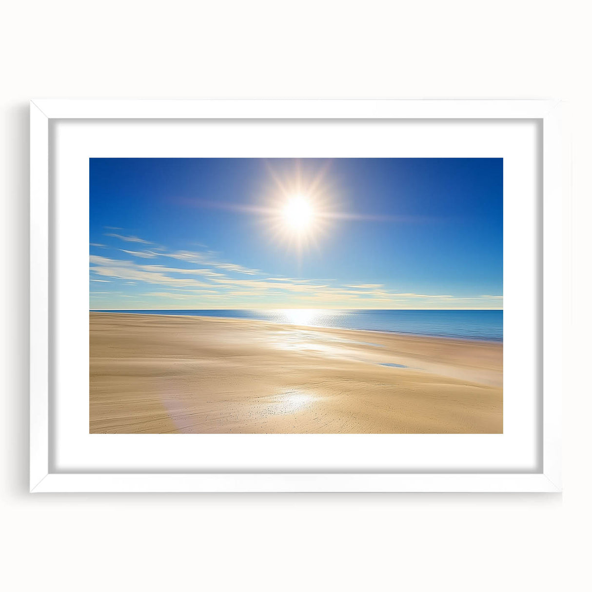 Landscape art print depicting serene beaches, framed with a white mat for a polished finish, perfect for coastal-themed decor. Ideal for enhancing home interiors.