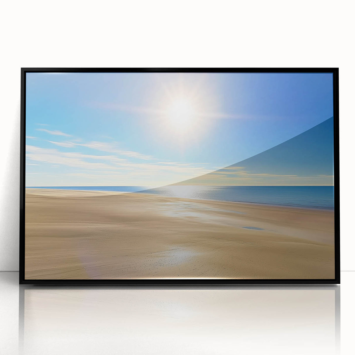 Framed acrylic artwork showcasing a serene beach landscape with vibrant colors and intricate details, featuring a sleek black frame for an elegant display.