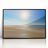 Framed acrylic artwork showcasing a serene beach landscape with vibrant colors and intricate details, featuring a sleek black frame for an elegant display.