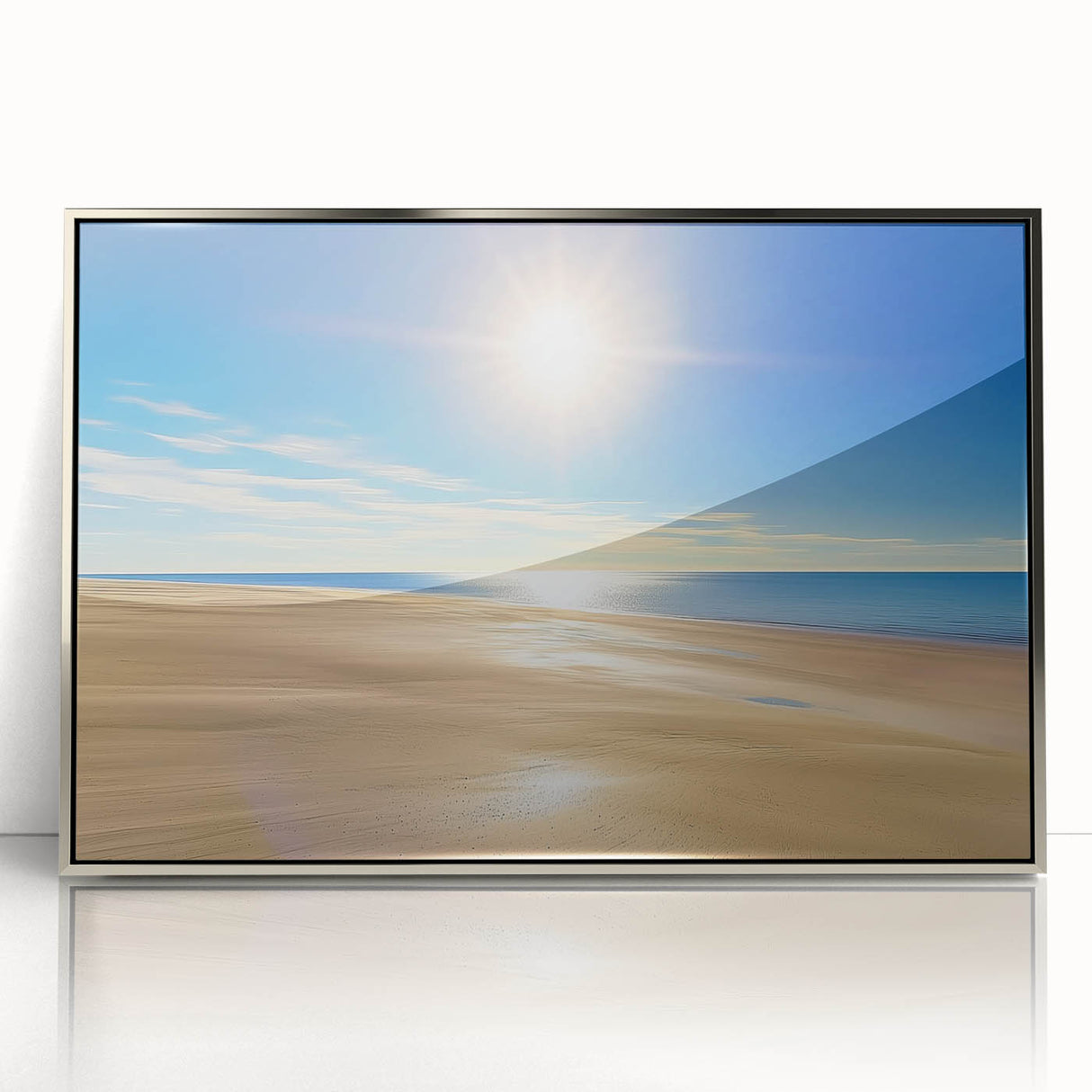 Framed acrylic artwork of a serene beach landscape, featuring vibrant blue skies and soft sandy shores, designed to enhance modern home decor.