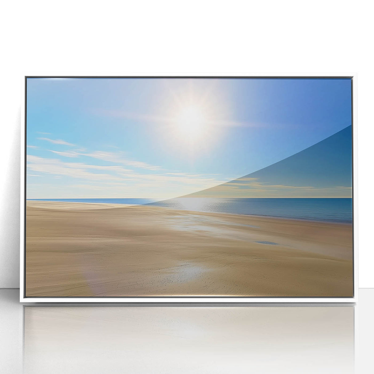 Framed acrylic landscape artwork depicting serene beaches with vibrant blues and soft whites, perfect for coastal home decor or beach-themed interiors.