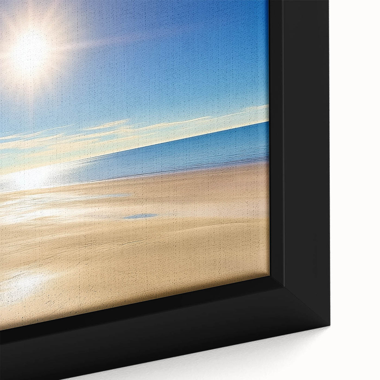 Close-up of a framed canvas depicting a serene beach landscape at sunset, showcasing vibrant colors of orange and blue, perfect for enhancing home decor.
