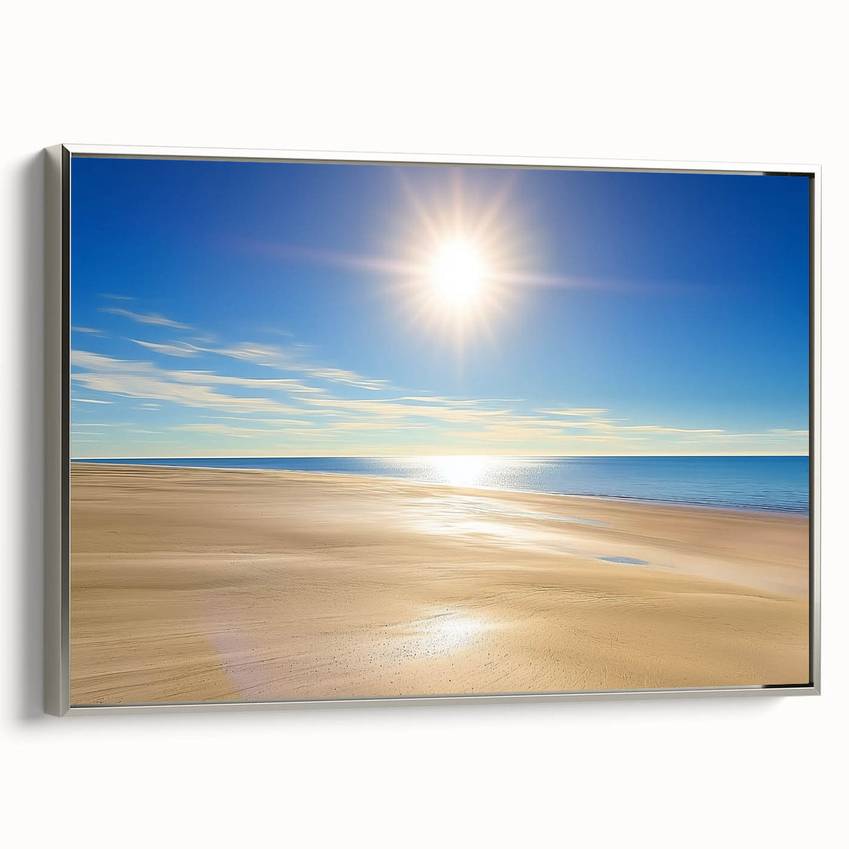 Framed landscape canvas print showcasing serene beach scenery with gentle waves and a silver frame, perfect for coastal home decor and relaxation themes.