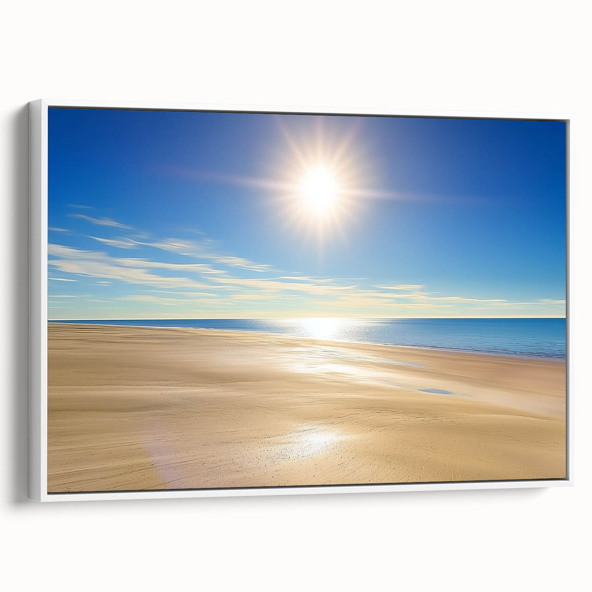 Framed canvas artwork depicting a serene beach landscape with vibrant colors, showcased in a sleek white frame, perfect for enhancing coastal-themed decor.
