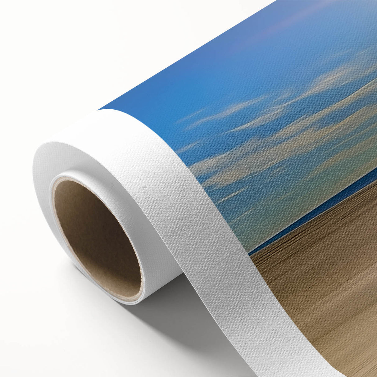 Vibrant rolled canvas artwork depicting a serene beach landscape at sunset, showcasing warm hues of orange and blue, ideal for coastal home decor.