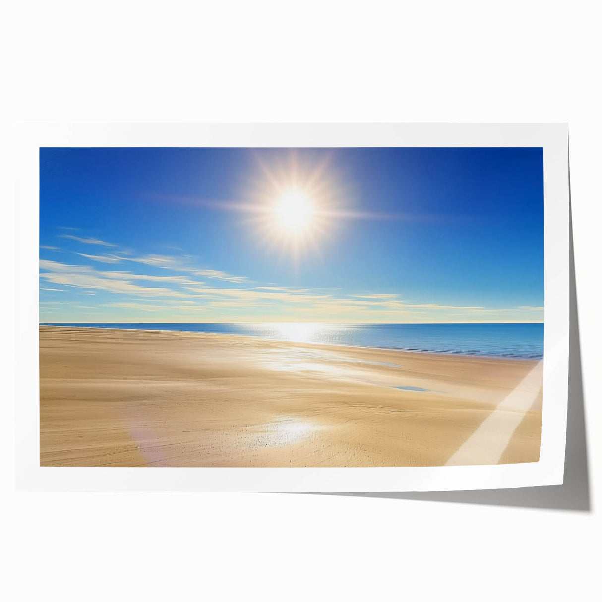 Stunning landscape print of serene beaches, showcasing vibrant blue waters and golden sands, rolled and ready for display, perfect for home decor.