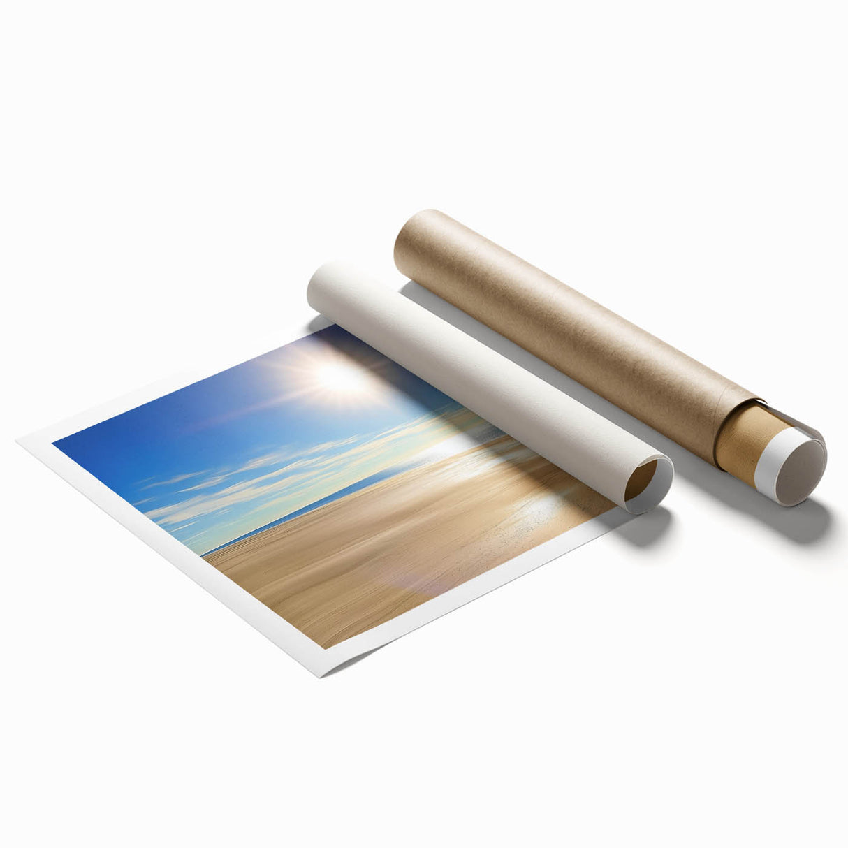 Colorful landscape beach scene rolled print showcasing vibrant blues and soft sandy tones, elegantly packaged in a protective cardboard tube, ideal for home decor.