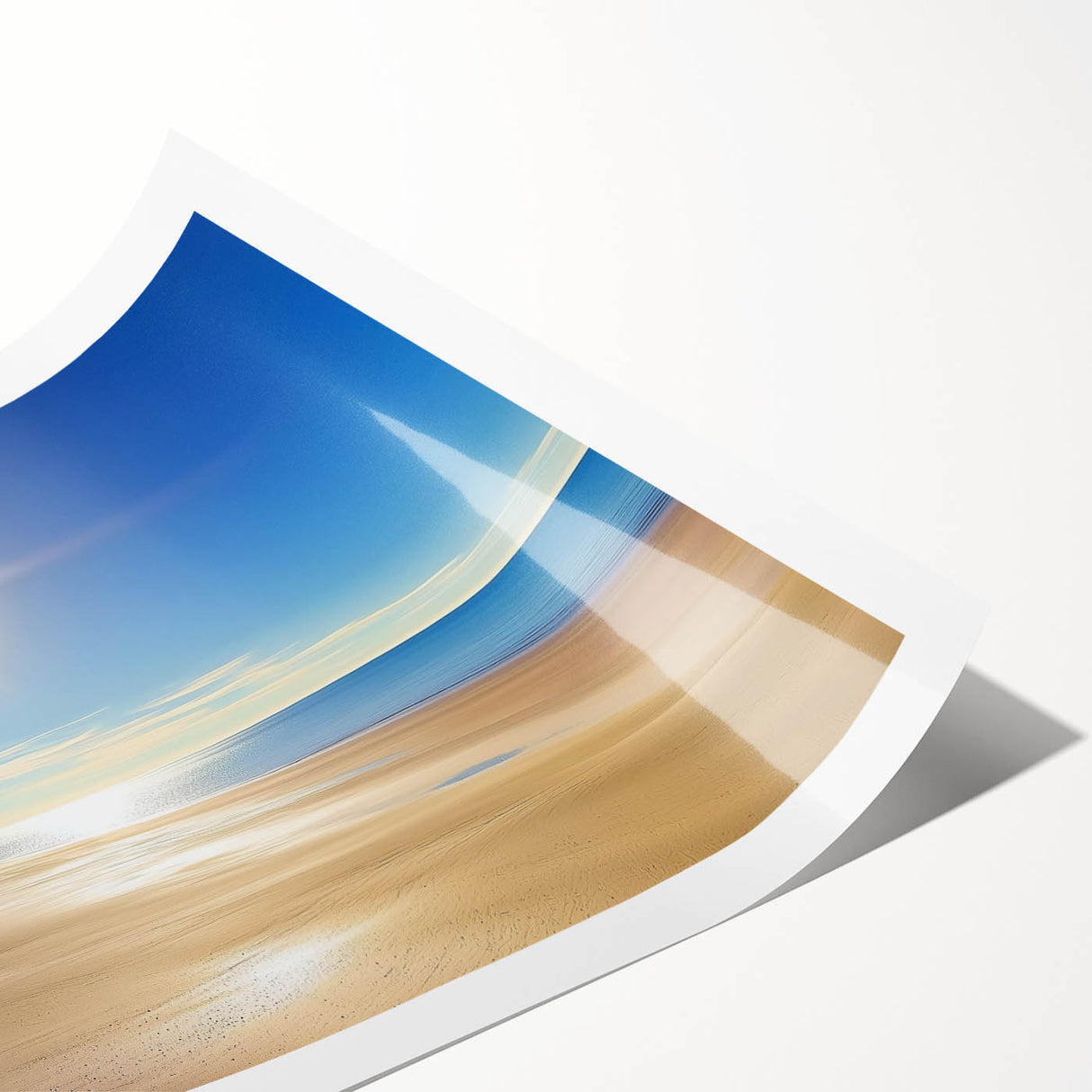 Vibrant landscape print showcasing serene beaches with gentle waves and golden sand, rolled for shipping in a protective tube, perfect for coastal decor enthusiasts.