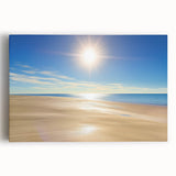 Stretched canvas artwork showcasing a vibrant beach landscape with a sunset sky, ideal for coastal decor, adding a serene ambiance to any room.
