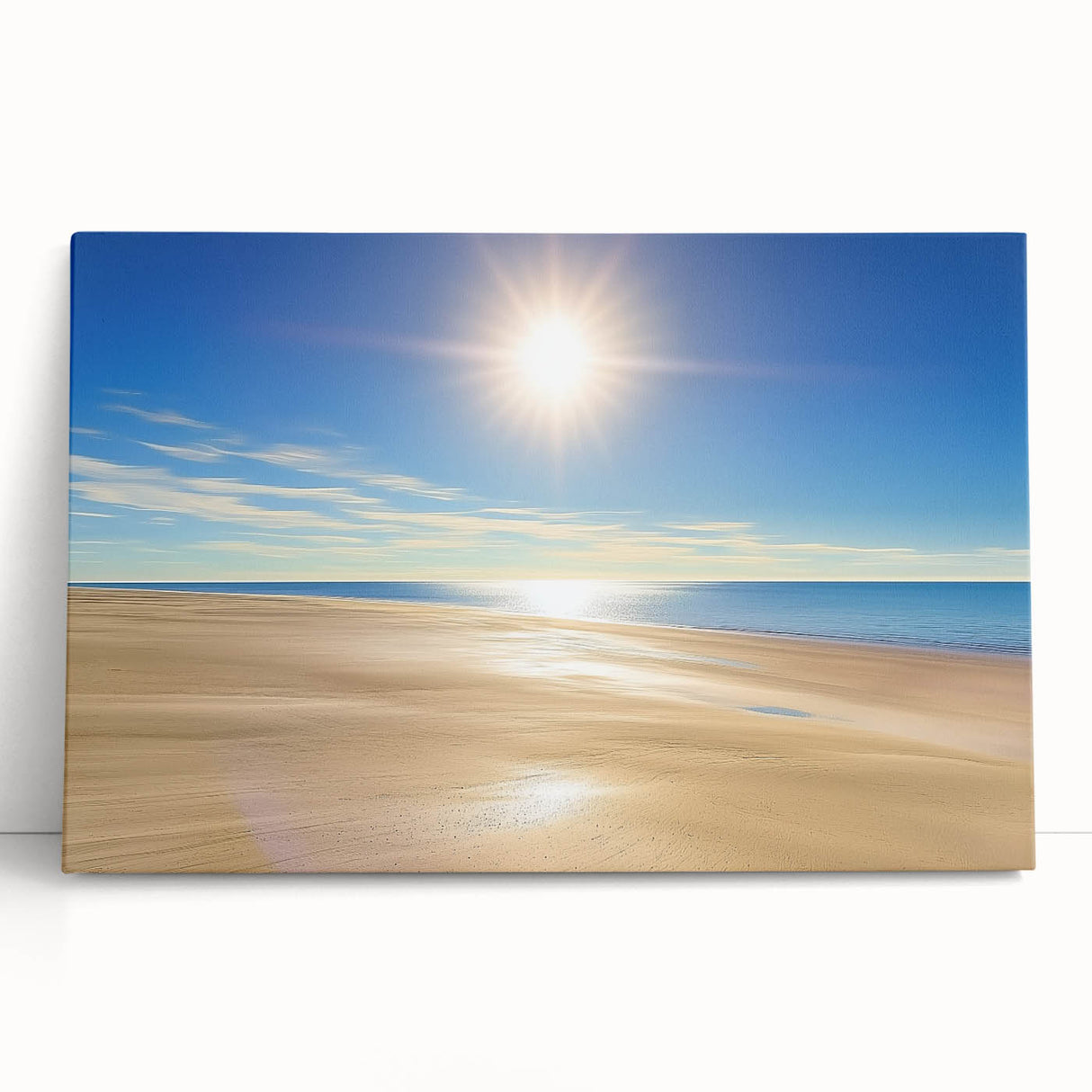 Stretched canvas artwork showcasing a serene beach landscape with vibrant blues and warm golden sands, perfect for coastal home decor and relaxation themes.