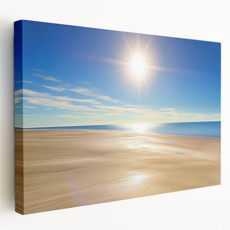 Stretched canvas artwork depicting a vibrant beach landscape, showcasing serene waves and a colorful sunset, ideal for coastal home decor and relaxation.