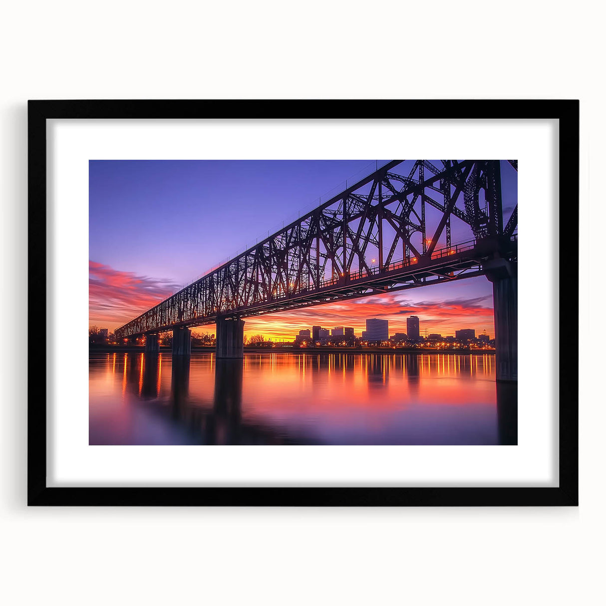 Black landscape bridge frame with a mat, showcasing a modern design ideal for home decor, highlighting its sleek lines and elegant finish in a front view.