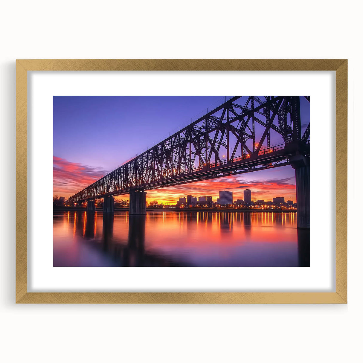 Gold landscape bridge frame with mat, showcasing an elegant front view. Ideal for enhancing decor in modern living spaces, perfect for framing artwork or photos.