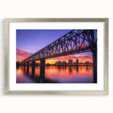 Silver landscape bridge frame featuring a mat board, elegantly showcasing a scenic artwork, ideal for home decor and enhancing interior aesthetics.