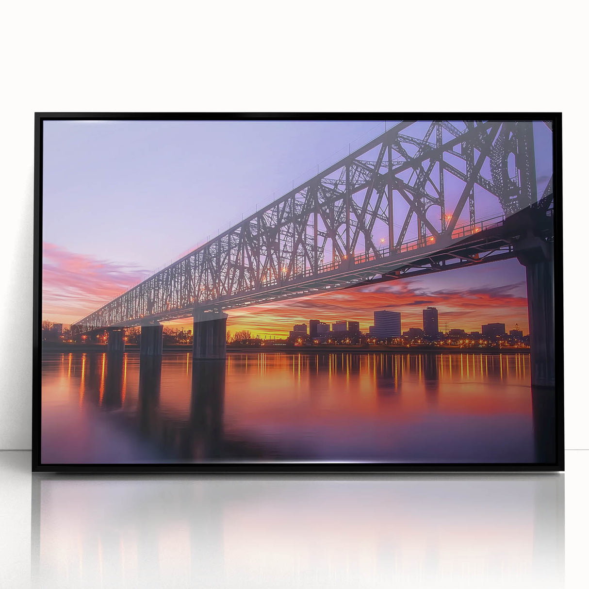 Framed acrylic artwork showcasing a stunning landscape bridge scene with vibrant colors and intricate details, perfect for enhancing modern home decor.