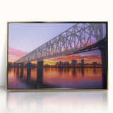 Framed acrylic artwork titled "Landscape Bridge" featuring a serene view of a golden bridge surrounded by lush greenery, enhancing any modern home decor.