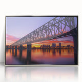 Framed acrylic artwork titled "Design 143" showcasing a landscape bridge scene, featuring silver accents and a modern aesthetic, ideal for contemporary home decor.