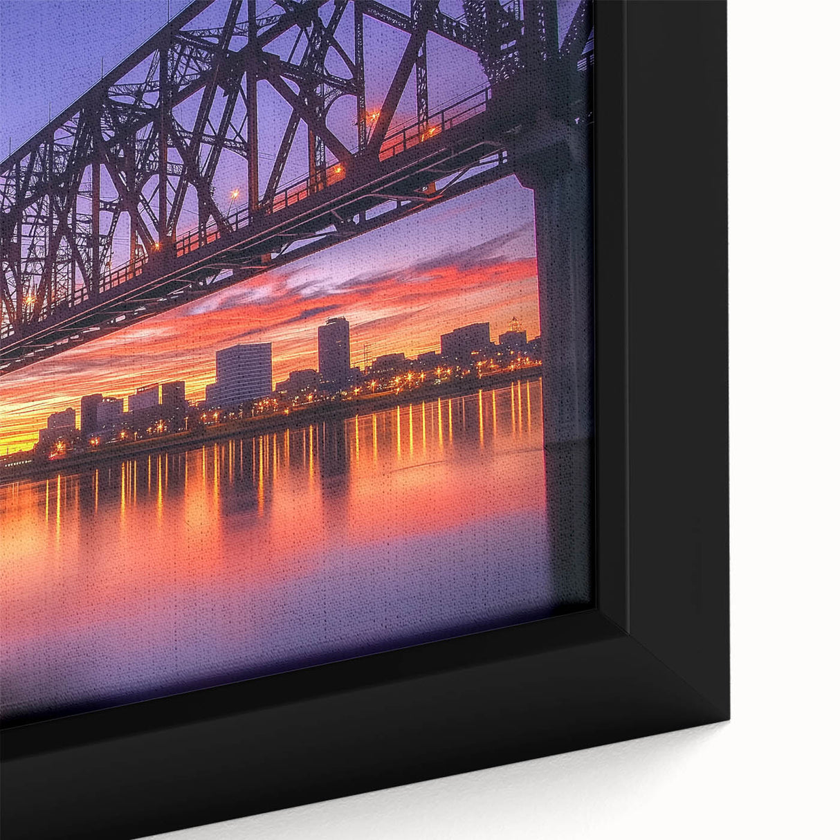 Close-up view of a framed landscape bridge canvas print, showcasing vibrant colors and intricate details, ideal for home decor or art enthusiasts.