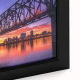 Close-up view of a framed landscape bridge canvas print, showcasing vibrant colors and intricate details, ideal for home decor or art enthusiasts.