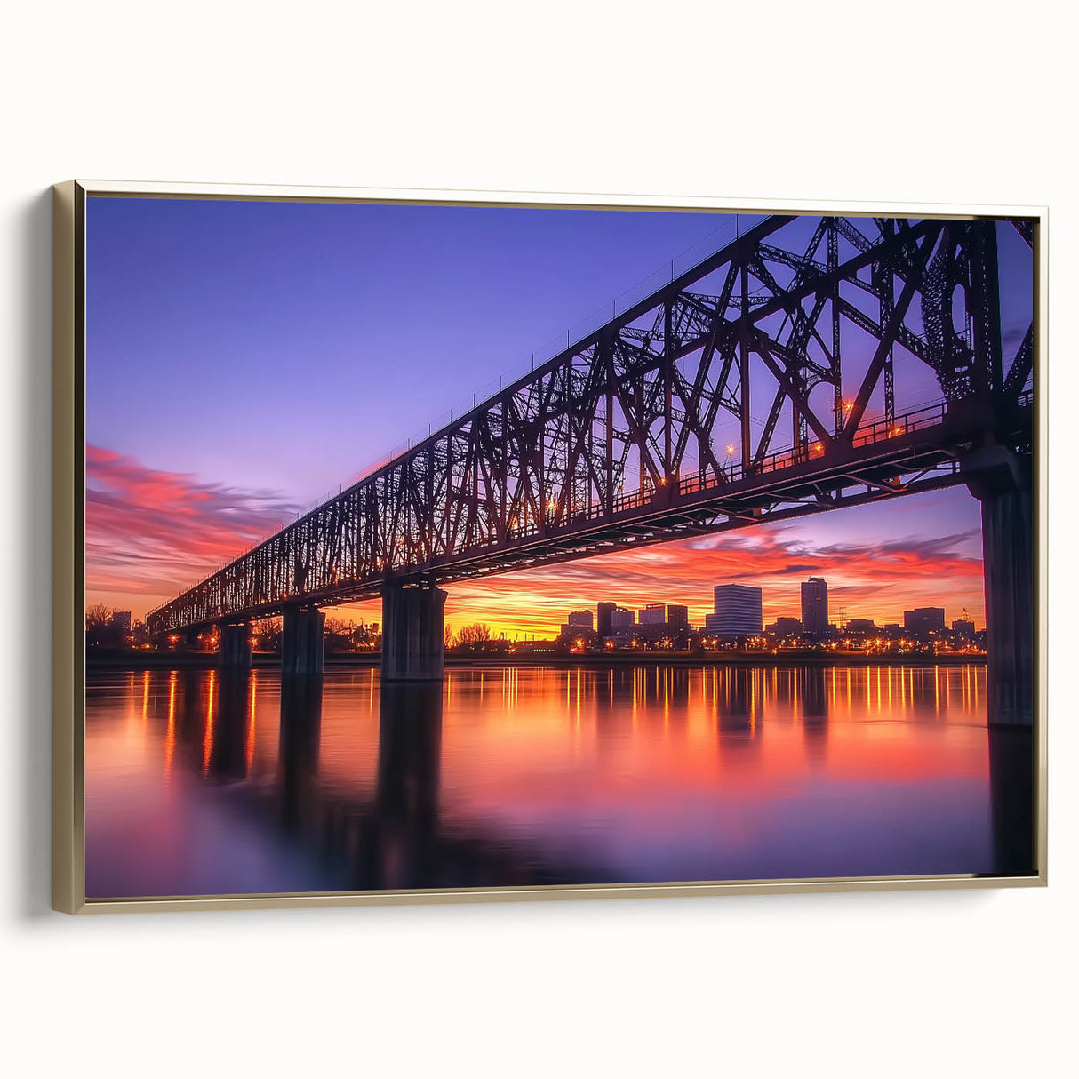 Framed canvas artwork depicting a golden landscape bridge from a side view, showcasing intricate details and vibrant colors, perfect for home decor or art collectors.