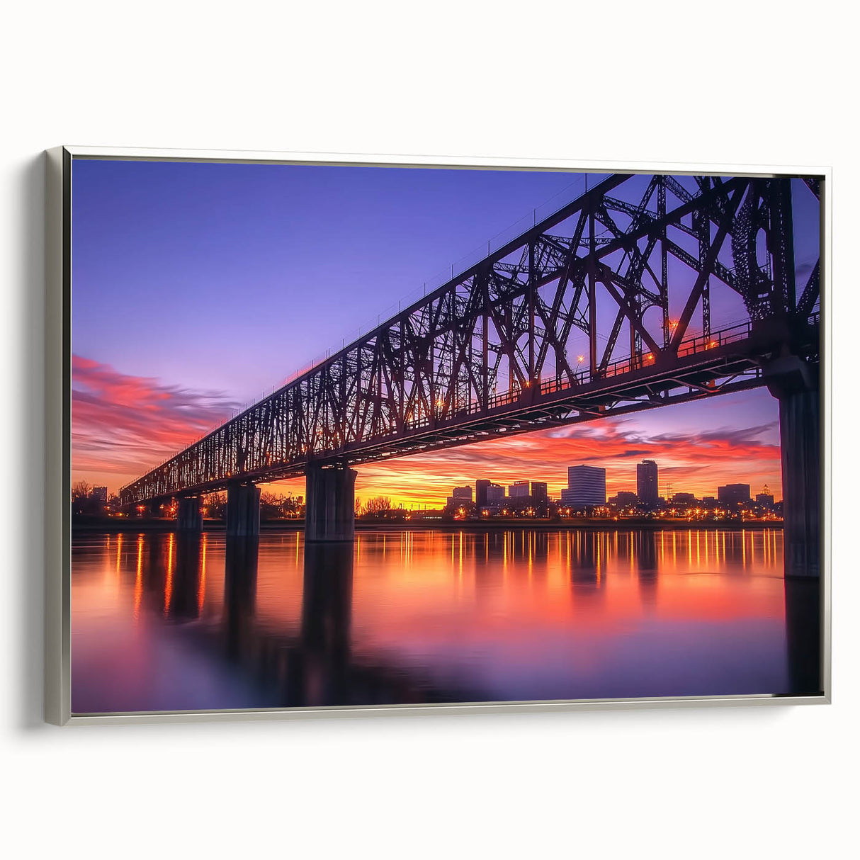 Framed canvas art depicting a serene landscape bridge scene, featuring silver accents and a side view, perfect for enhancing modern home decor.