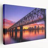 Landscape canvas artwork depicting a serene bridge scene with lush greenery and a tranquil river, showcasing vibrant colors and detailed textures, perfect for home decor.