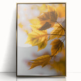 Large art print of a mid-century modernist fall scene in gold tones on framed acrylic, ideal for modern art wall decor.