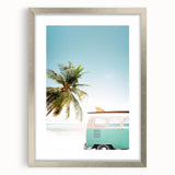 Textured art depicting abstract summer themes in vibrant orange and yellow tones on a framed silver canvas.