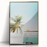 Large acrylic print of a mid-century modernist summer scene with gold frame, ideal for modern nursery wall art.