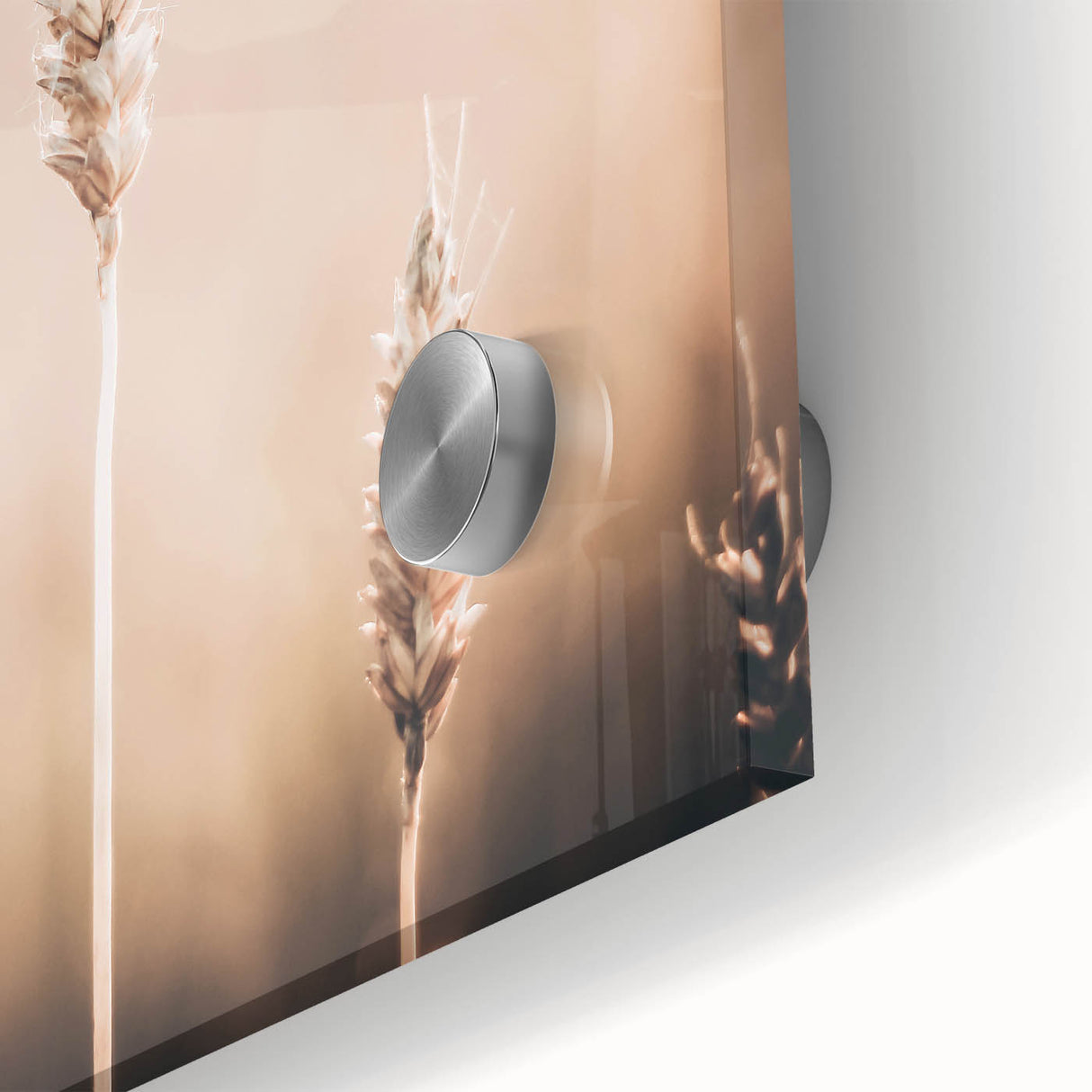 Large abstract wall art in vibrant orange and yellow hues on acrylic glass, suitable for dining room ambiance.