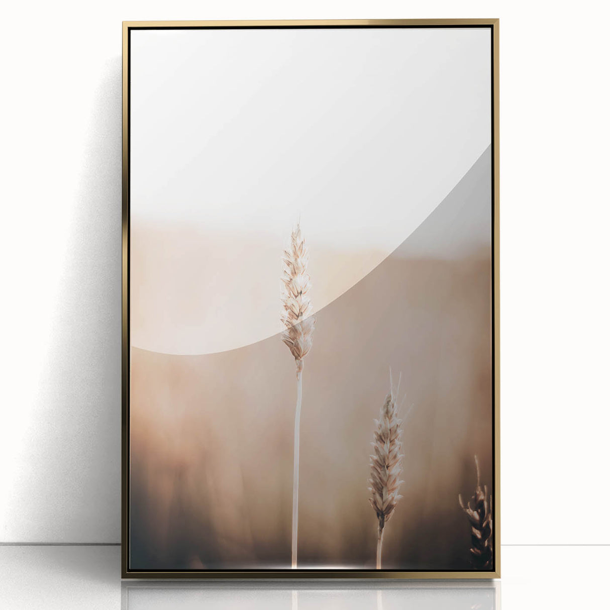 Large art print of a mid-century modernist abstract design in gold and white tones on acrylic.
