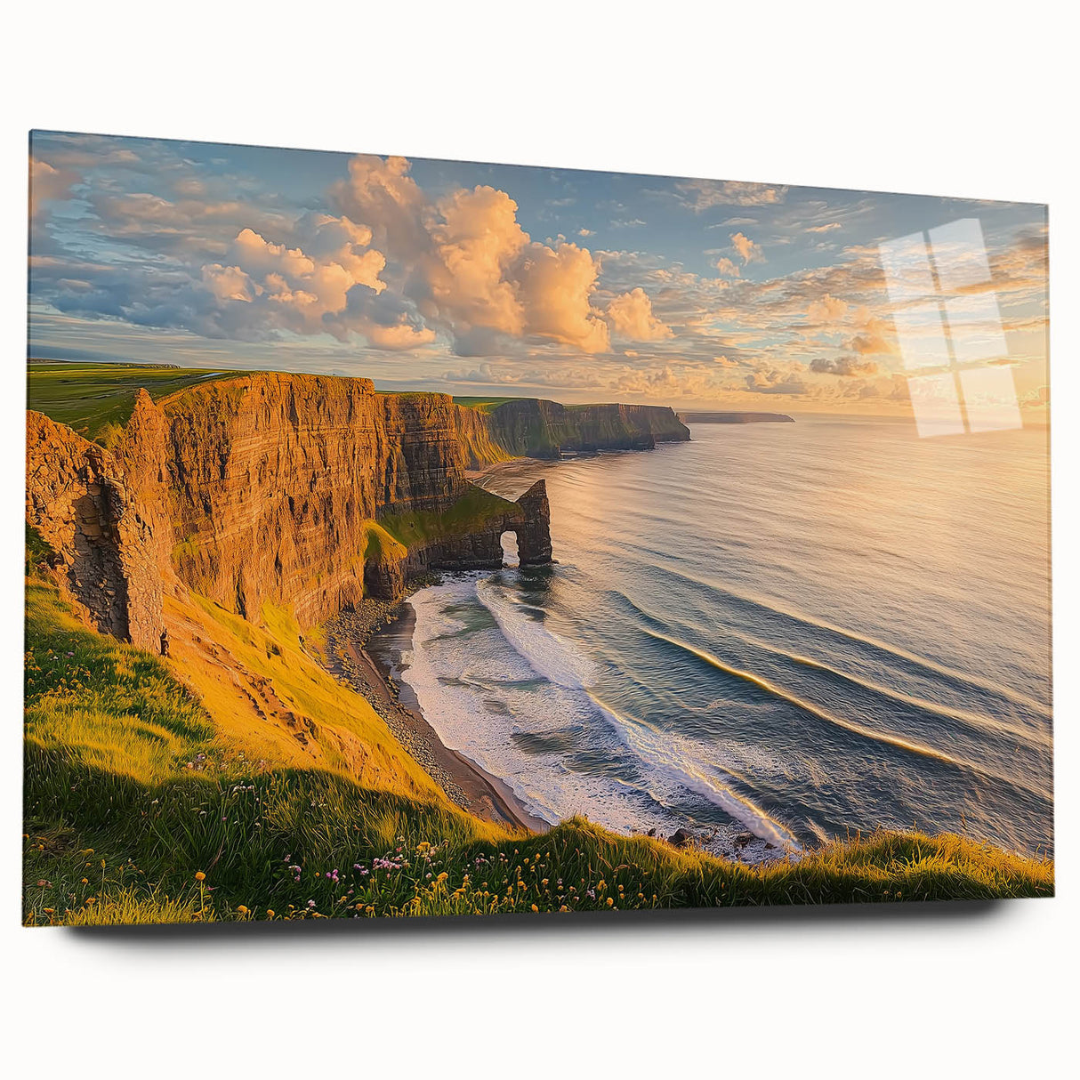 Acrylic glass artwork showcasing a vibrant landscape of cliffs, emphasizing deep colors and intricate details, designed for modern home decor. Perfect for enhancing living spaces.