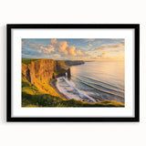 Framed landscape artwork showcasing majestic cliffs in a black frame with a mat, perfect for home decor and nature enthusiasts, enhancing interior aesthetics.