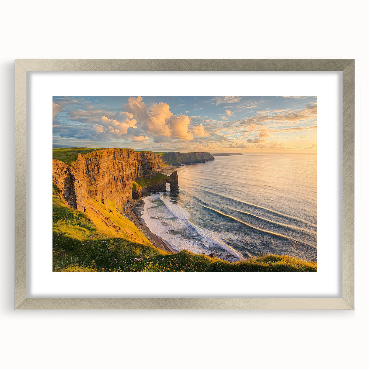 Framed landscape artwork showcasing dramatic cliffs with a silver mat, perfect for home decor or office settings, highlighting natural beauty and tranquility.