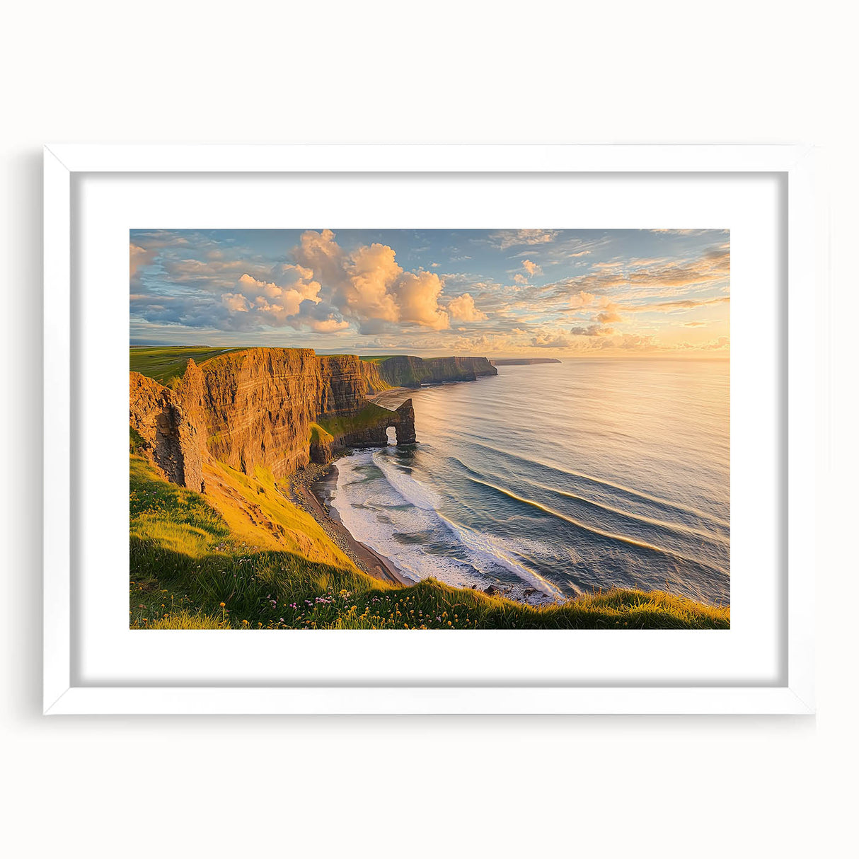 Framed landscape print showcasing dramatic cliffs and vibrant colors, set against a clean white mat, ideal for enhancing modern home decor.