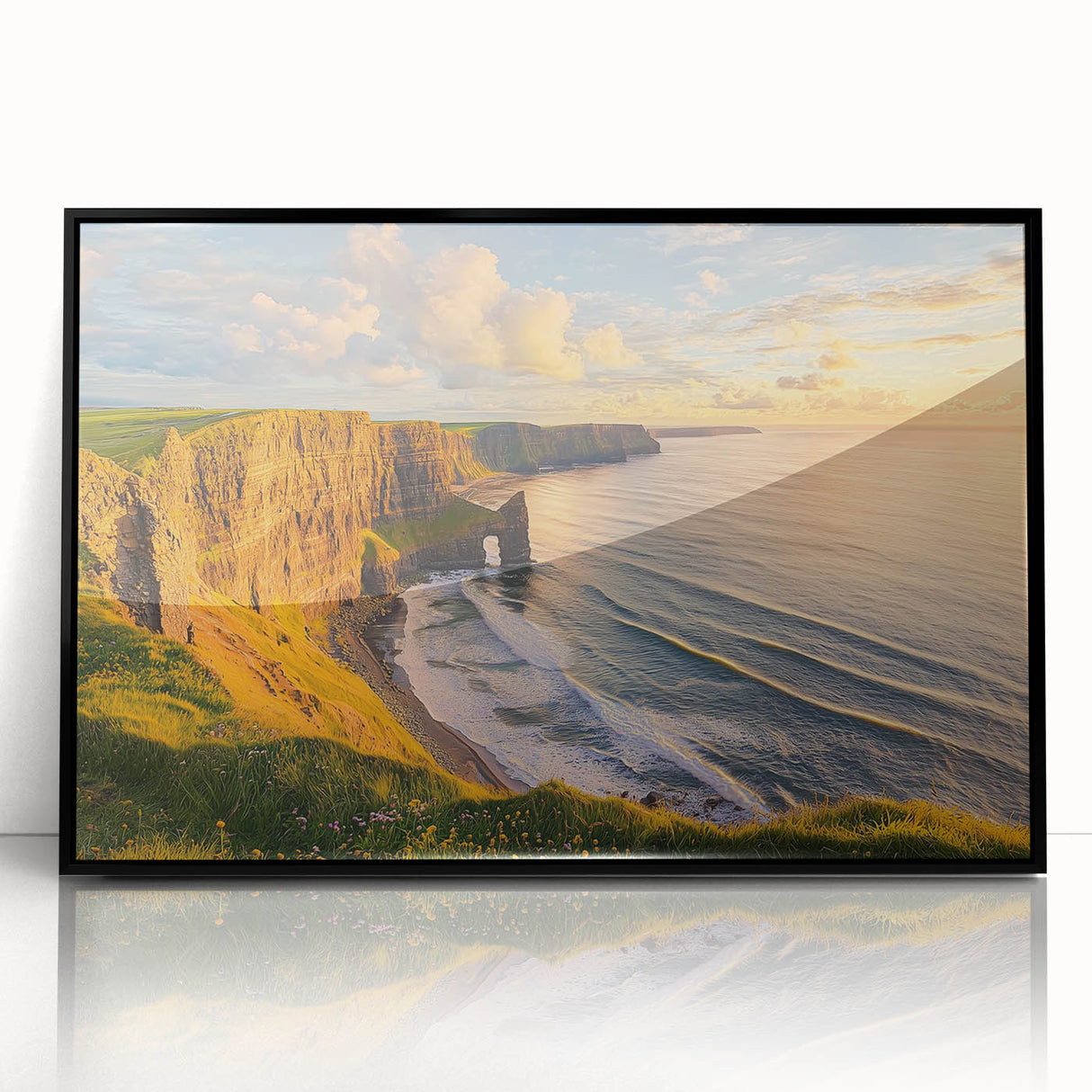 Framed acrylic artwork showcasing a stunning cliff landscape in vibrant colors, with a sleek black frame, ideal for modern home decor and nature enthusiasts.