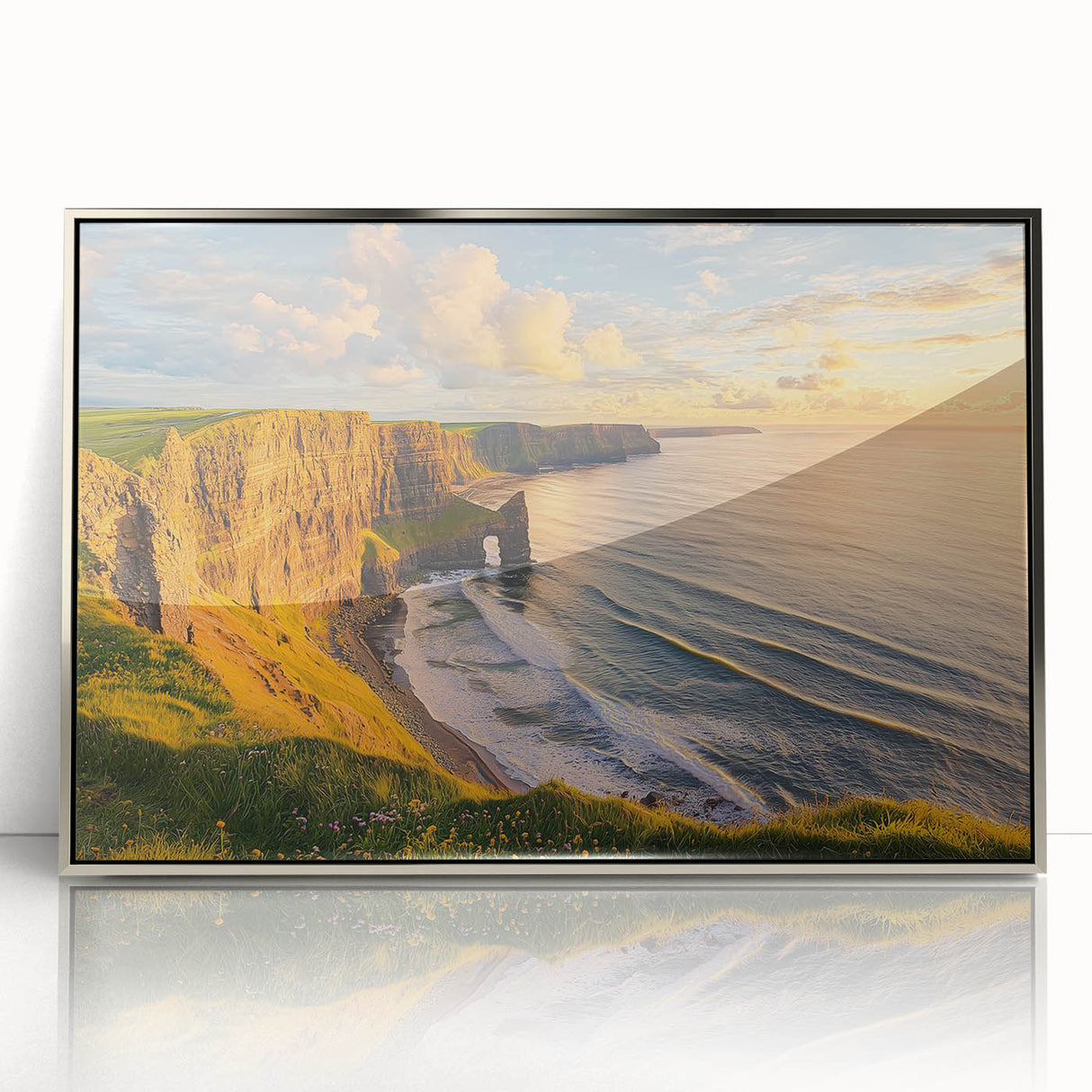 Framed acrylic artwork showcasing a stunning landscape of cliffs, featuring a silver frame that enhances the vibrant colors of the natural scenery. Perfect for home decor.