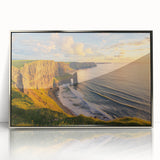 Framed acrylic artwork showcasing a stunning landscape of cliffs, featuring a silver frame that enhances the vibrant colors of the natural scenery. Perfect for home decor.