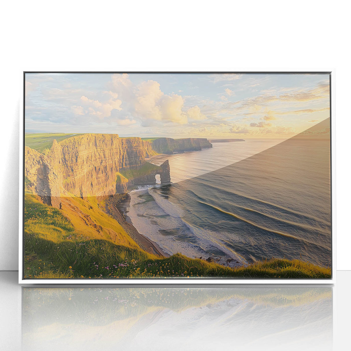 Framed acrylic art print showcasing vibrant landscapes with dramatic cliffs, featuring a sleek white frame and ideal for modern home decor. Perfect for nature enthusiasts and art collectors.