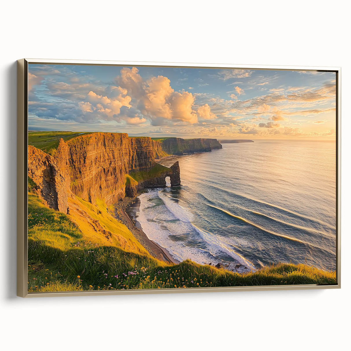 Framed canvas artwork depicting a stunning cliff landscape with vibrant colors and gold accents, ideal for enhancing modern home decor aesthetics.