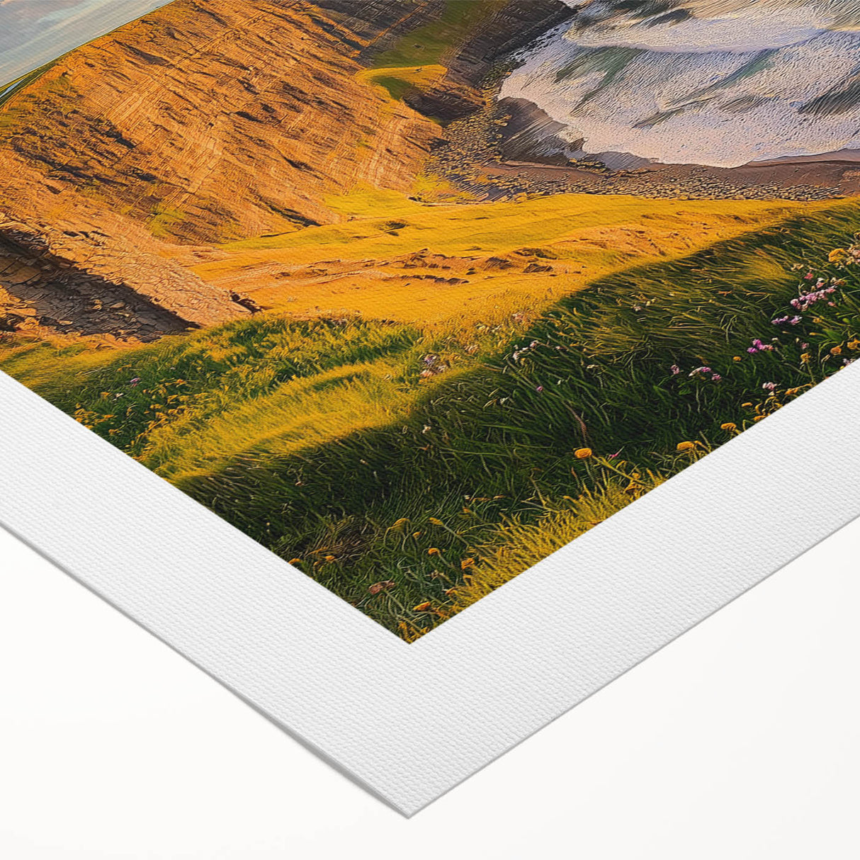 Stunning rolled canvas print showcasing a dramatic cliff landscape at sunset, featuring vibrant colors and intricate details, perfect for enhancing home decor.