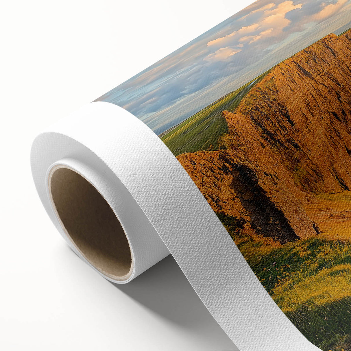 Vibrant rolled canvas artwork showcasing a dramatic cliffside landscape with rich colors and intricate details, ideal for enhancing home decor and artistic expression.