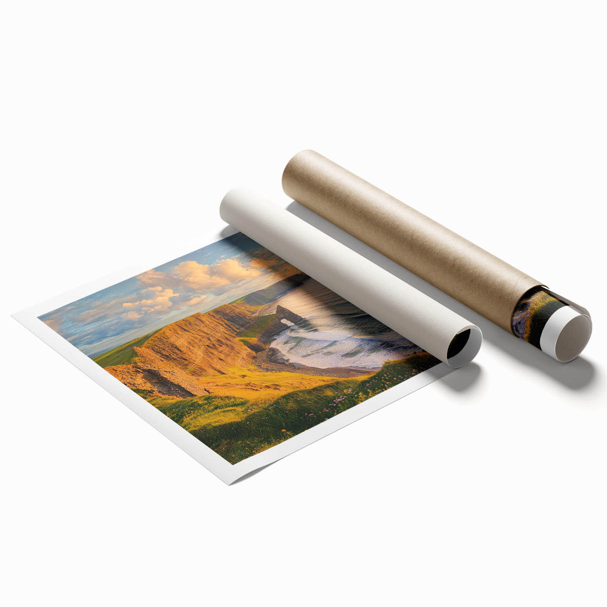 Stunning landscape print of rugged cliffs and serene ocean waves, rolled for easy transport and perfect for home decor. Ideal for nature lovers seeking artistic inspiration.