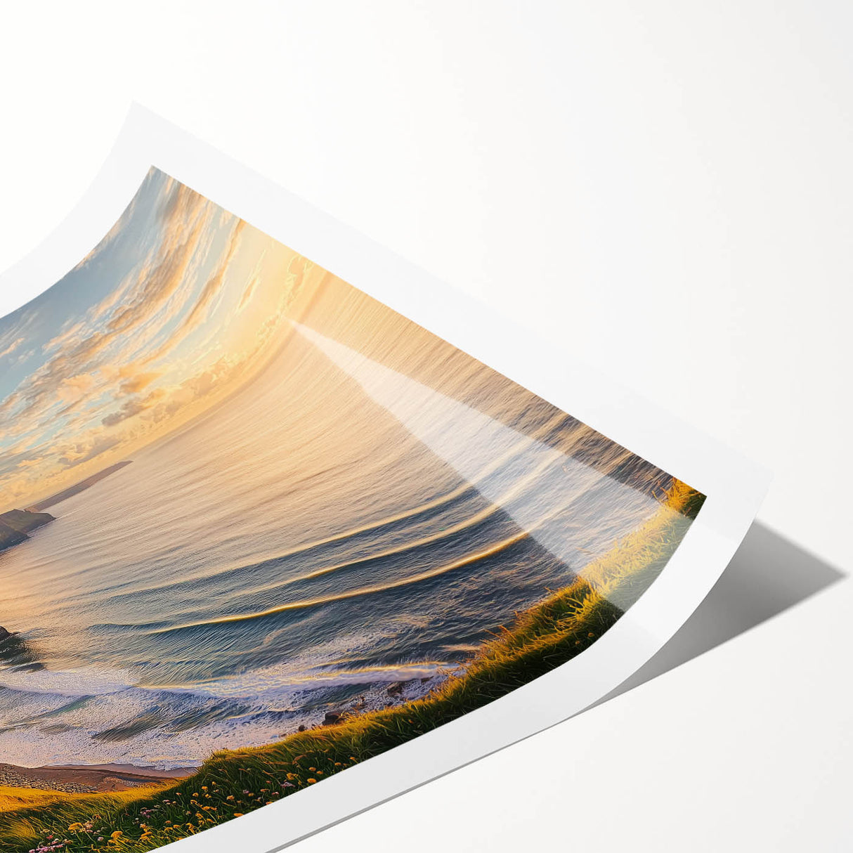 Stunning rolled print of dramatic cliffs at sunset, showcasing vibrant hues of orange and purple, ideal for enhancing home decor with a natural landscape theme.