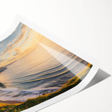 Stunning rolled print of dramatic cliffs at sunset, showcasing vibrant hues of orange and purple, ideal for enhancing home decor with a natural landscape theme.