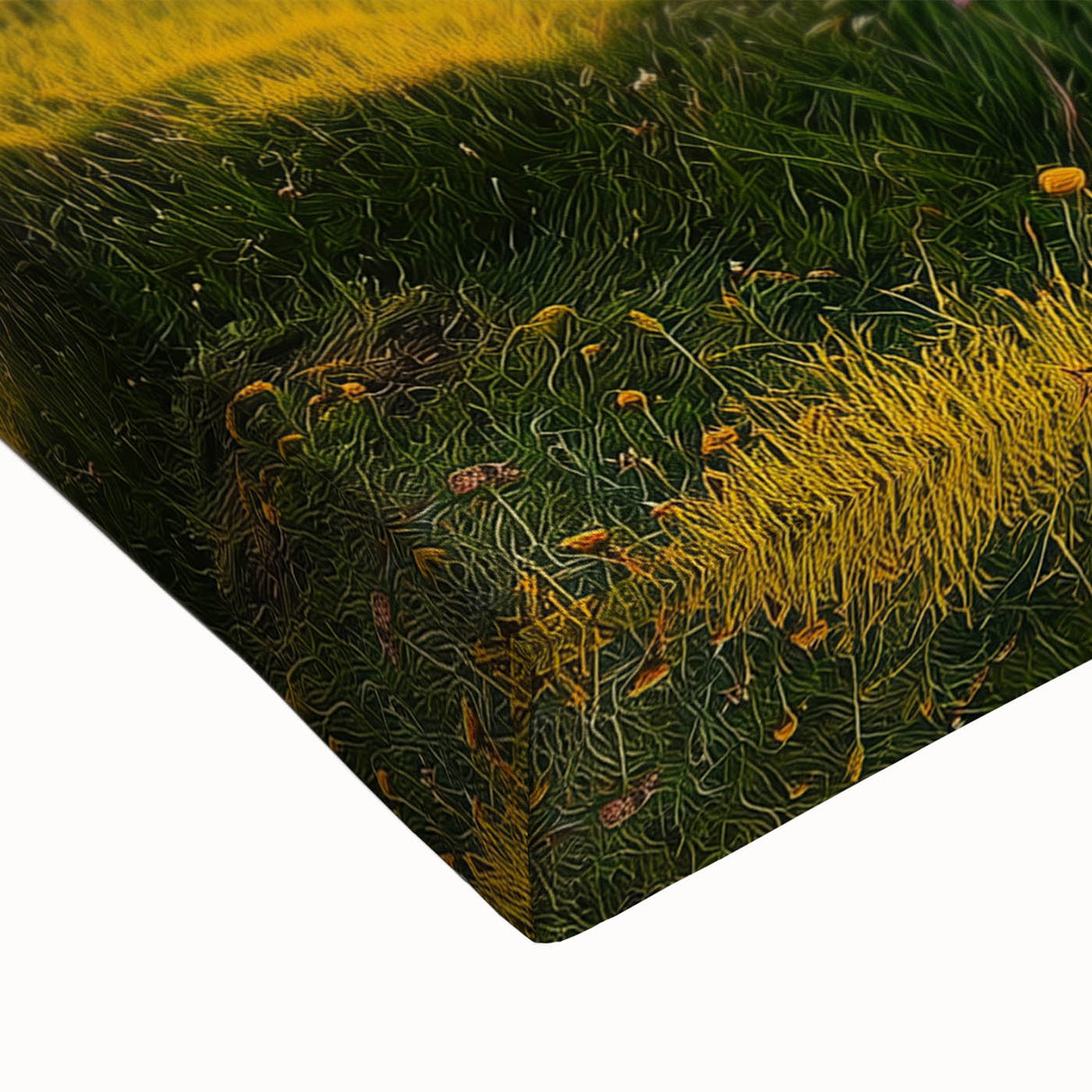 Close-up of a stretched canvas artwork showcasing a vibrant landscape of dramatic cliffs, with rich colors and intricate details designed to enhance home decor.