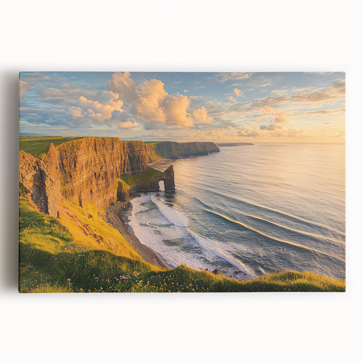 Stretched canvas artwork depicting dramatic cliffs under a vibrant sunset, showcasing rich colors and intricate details, perfect for enhancing any modern decor.