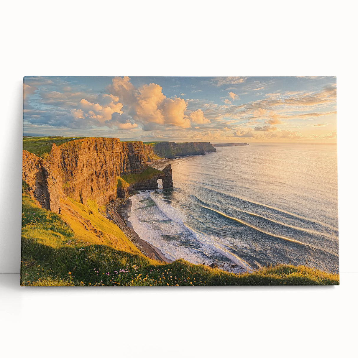 Stretched canvas artwork depicting vibrant landscapes with rugged cliffs and serene skies, perfect for adding a natural touch to home decor. Ideal for art enthusiasts seeking unique wall designs.